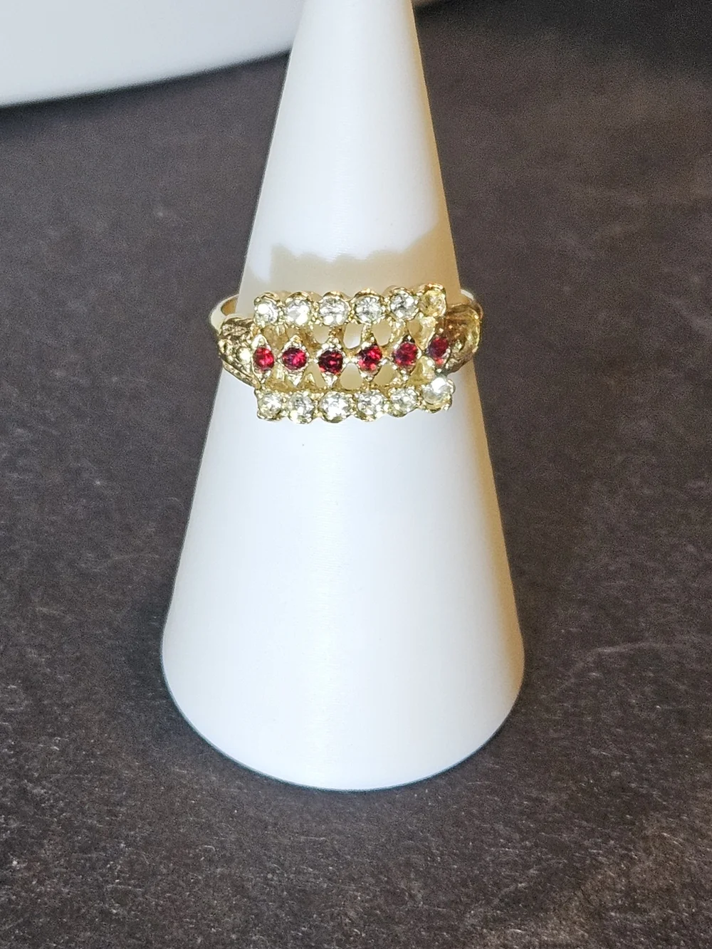 Vintage Style Gold Ring with Red and Clear Stones. Size 8 - Picture 2 of 6
